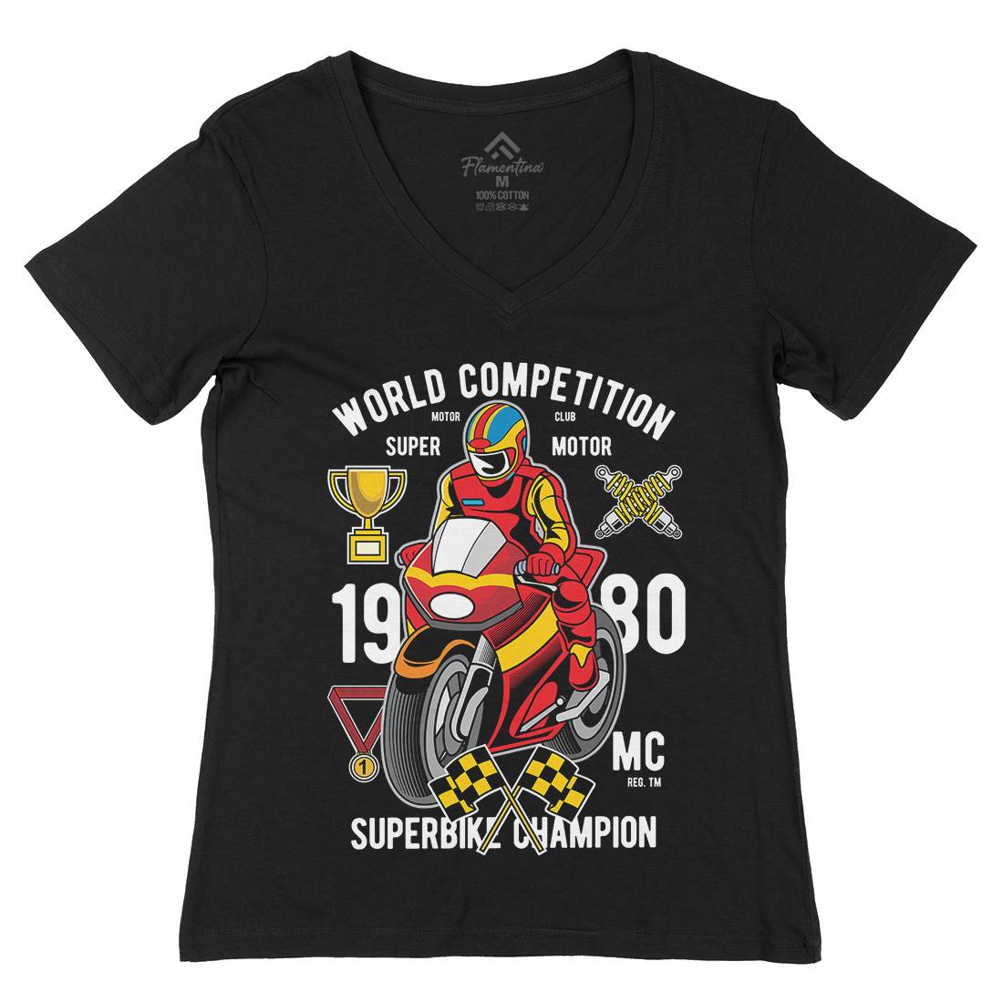 Super Bike World Competition Womens Organic V-Neck T-Shirt Motorcycles C458