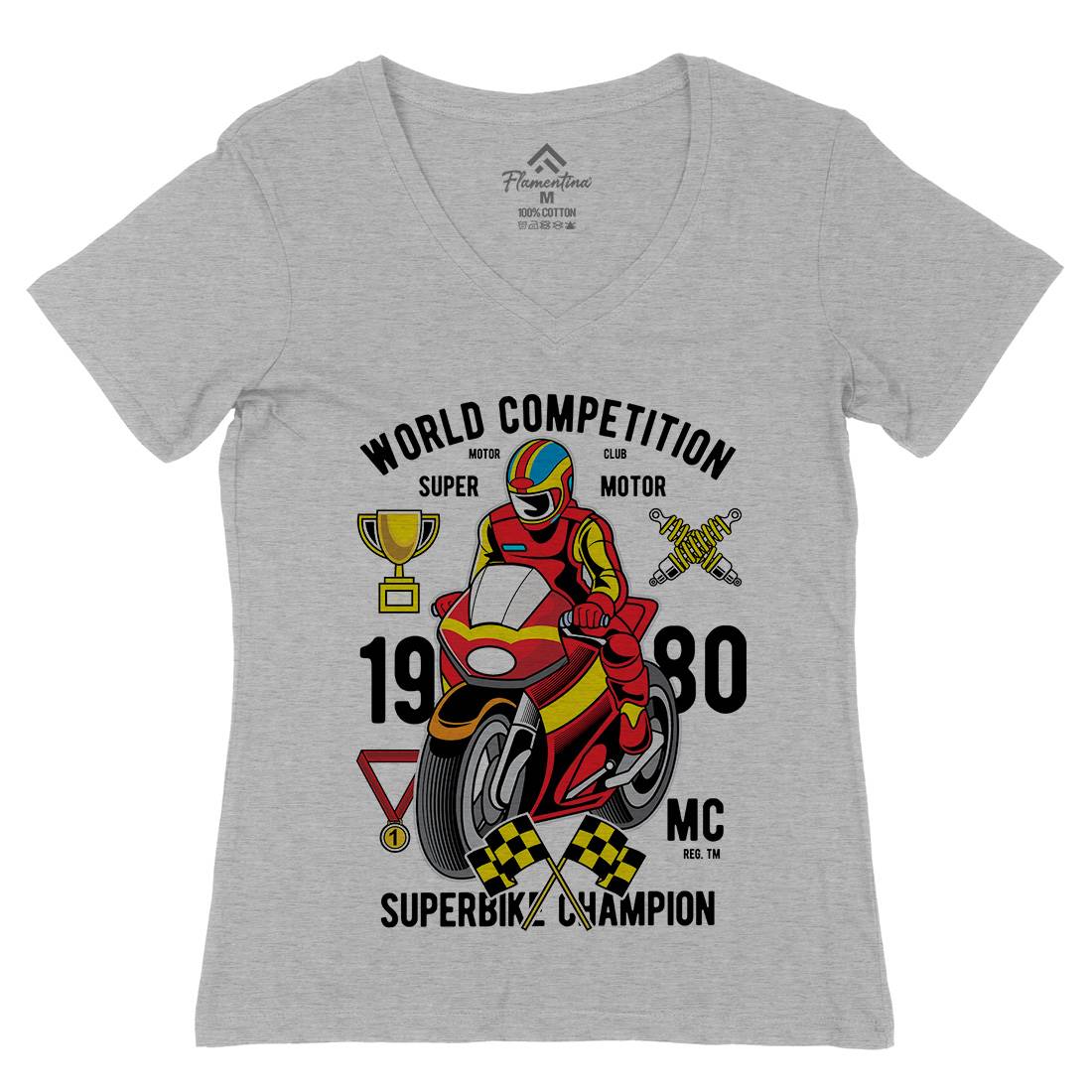 Super Bike World Competition Womens Organic V-Neck T-Shirt Motorcycles C458