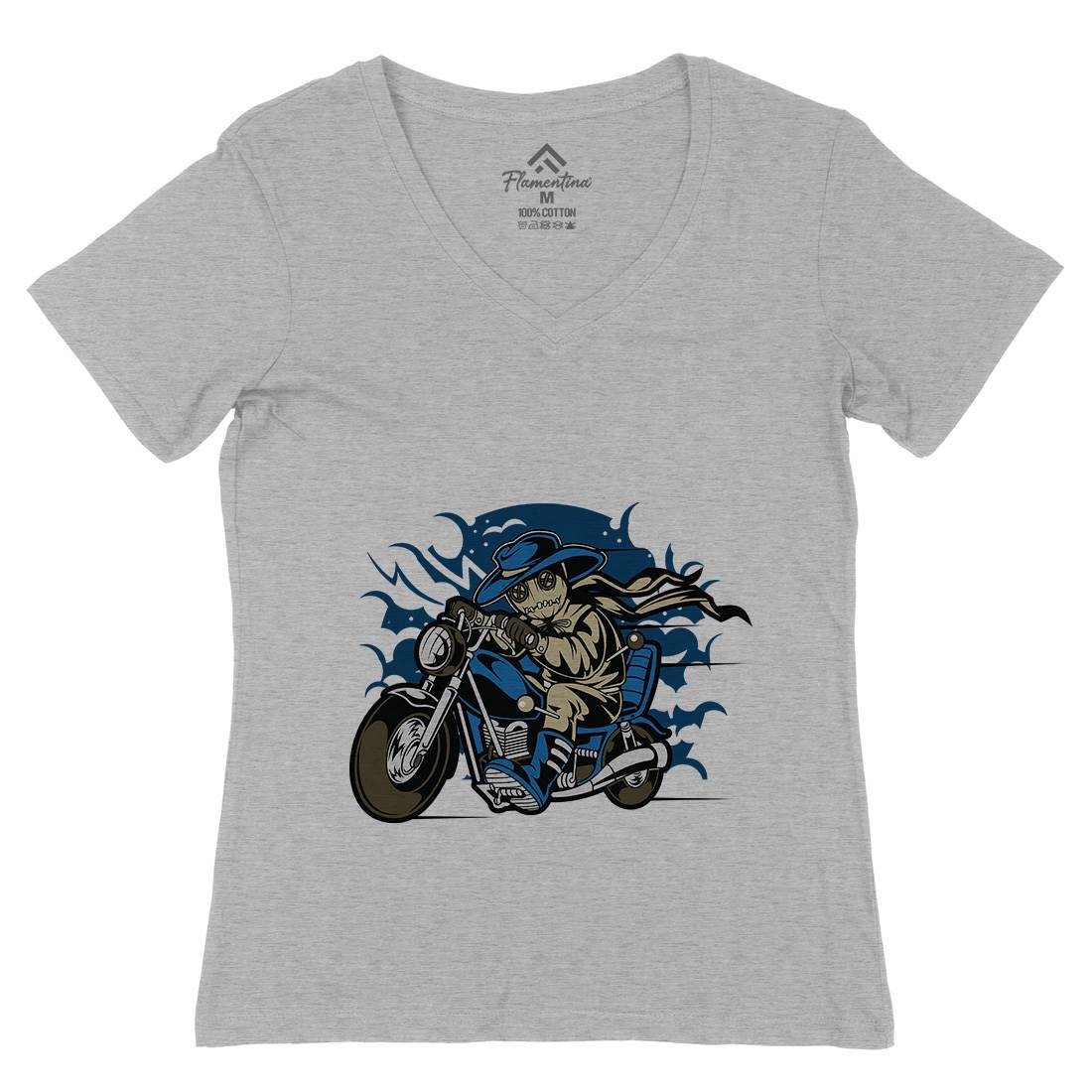 Voodoo Doll Biker Womens Organic V-Neck T-Shirt Motorcycles C469