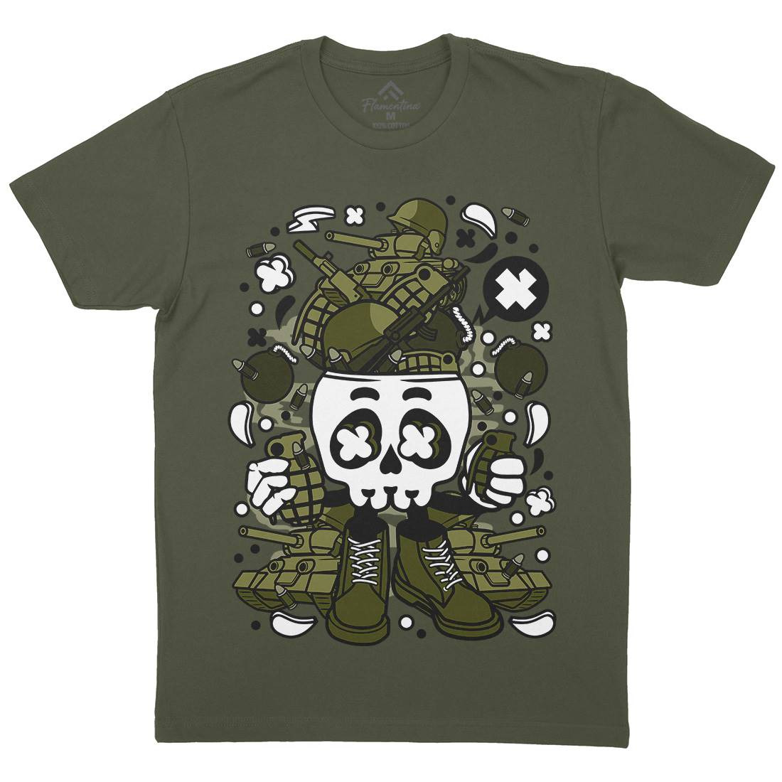 Skull Head Mens Organic Crew Neck T-Shirt Army C482