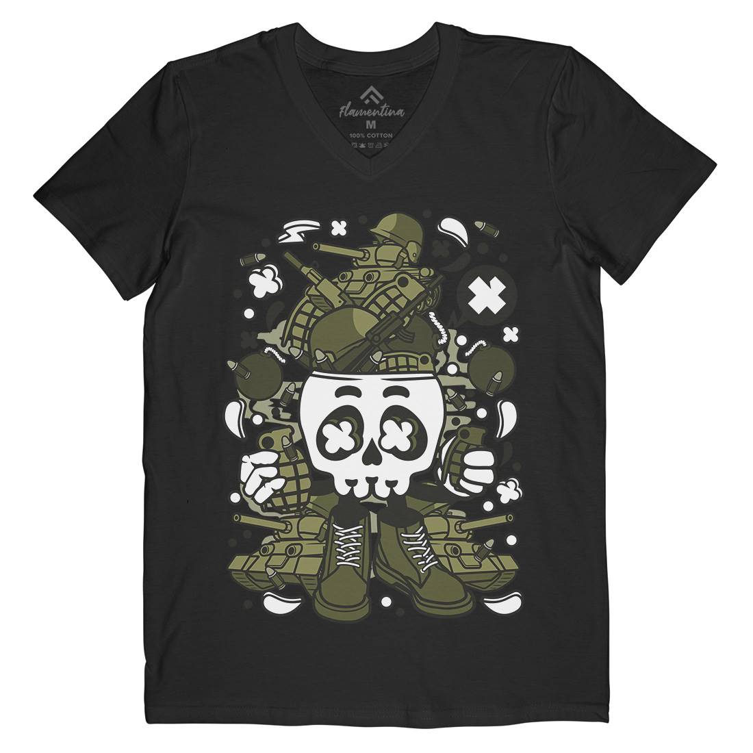 Skull Head Mens V-Neck T-Shirt Army C482