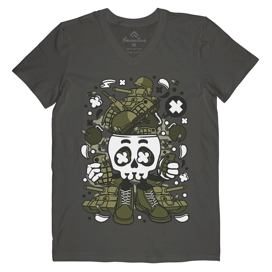 Skull Head Mens V-Neck T-Shirt Army C482
