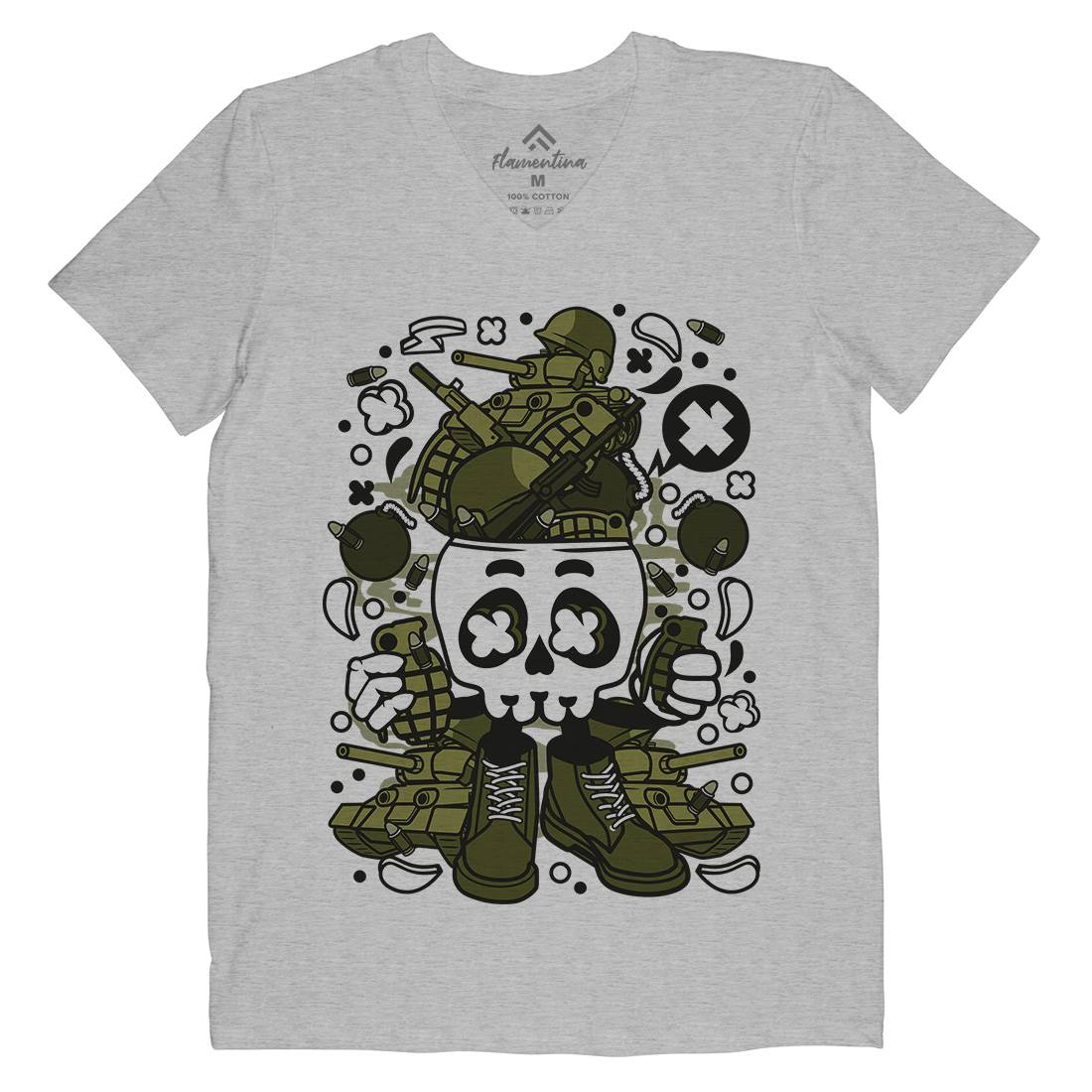 Skull Head Mens Organic V-Neck T-Shirt Army C482