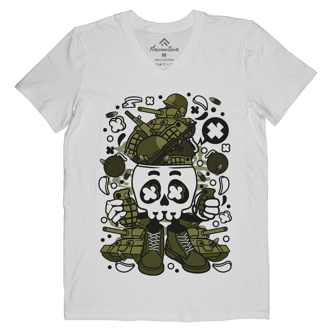 Skull Head Mens Organic V-Neck T-Shirt Army C482