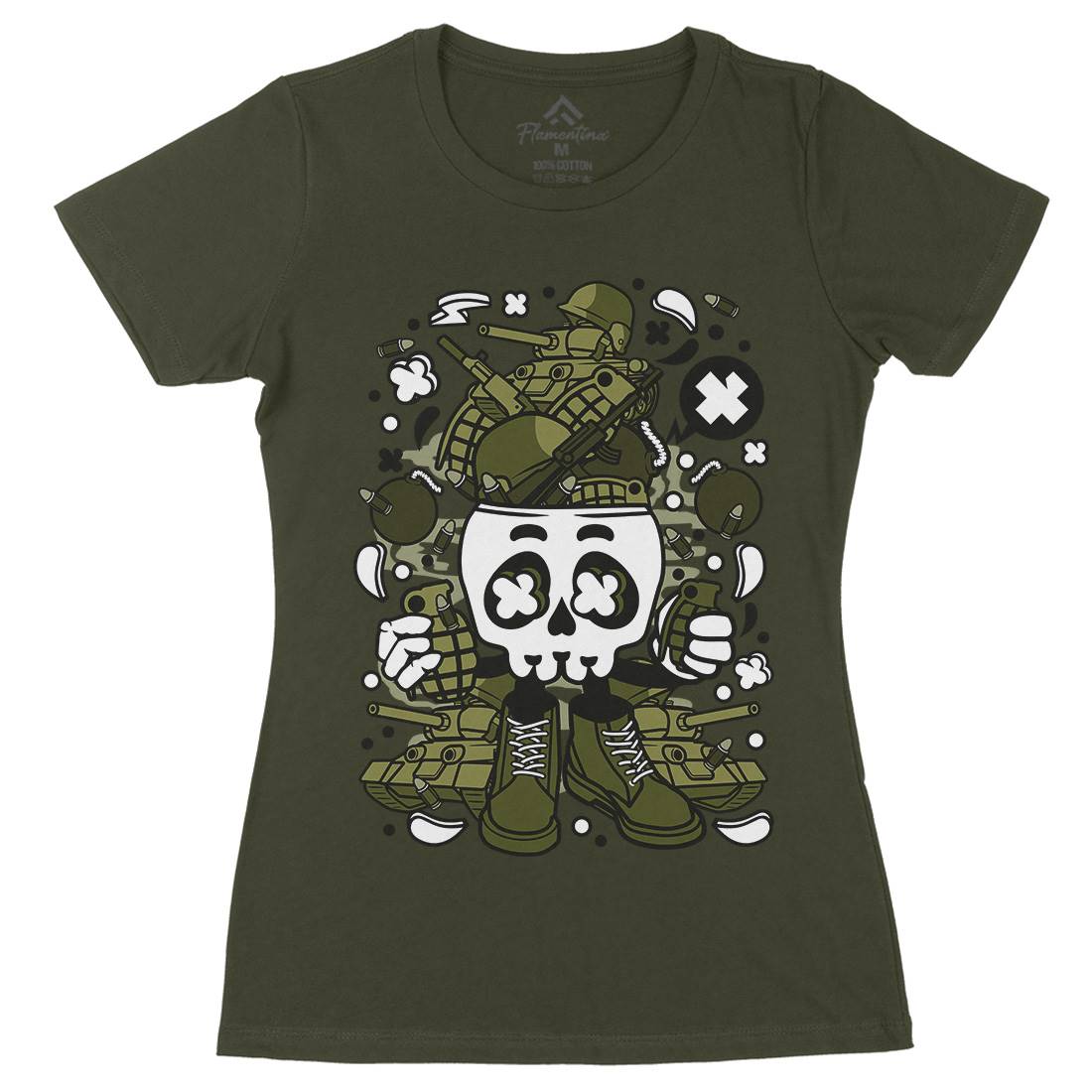 Skull Head Womens Organic Crew Neck T-Shirt Army C482