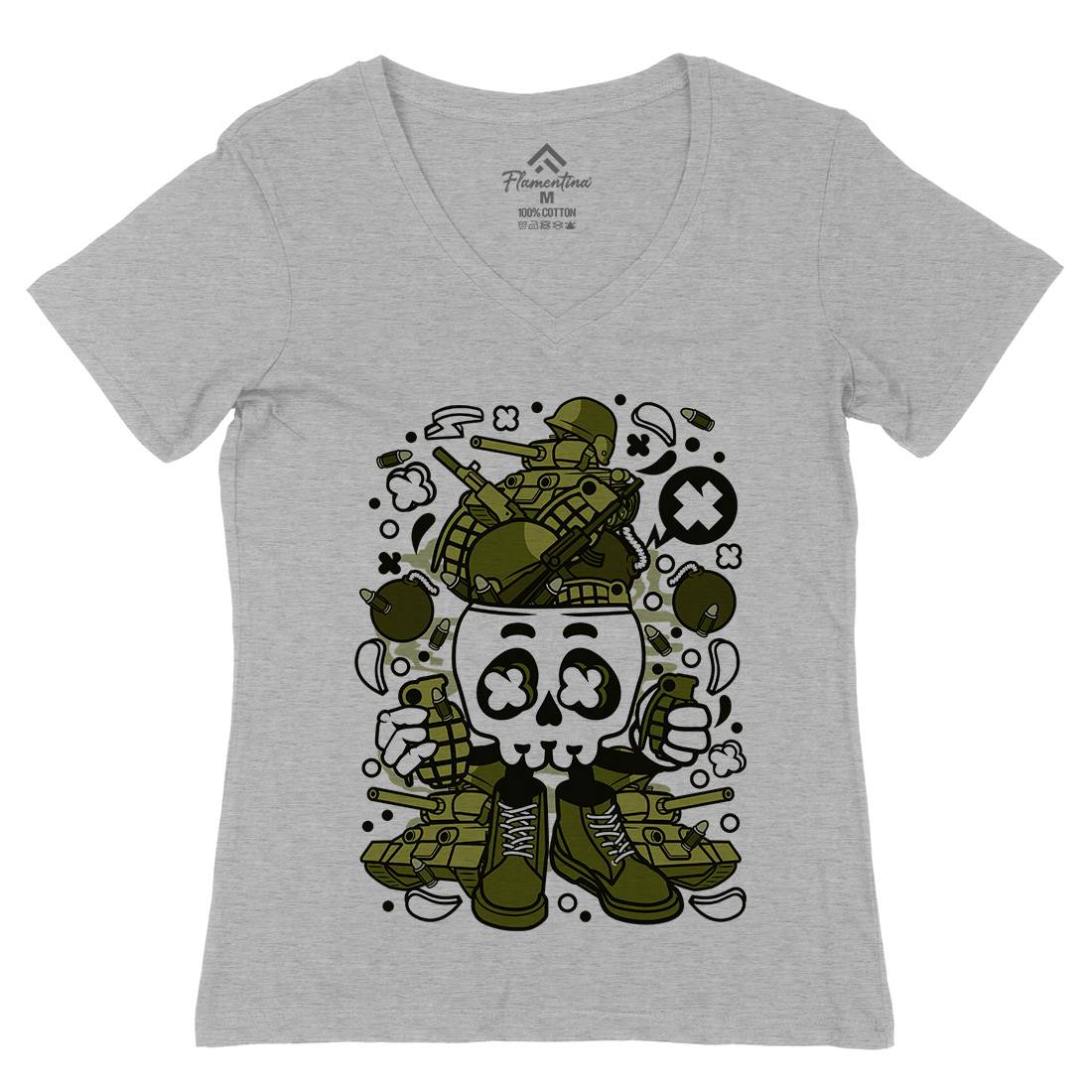 Skull Head Womens Organic V-Neck T-Shirt Army C482
