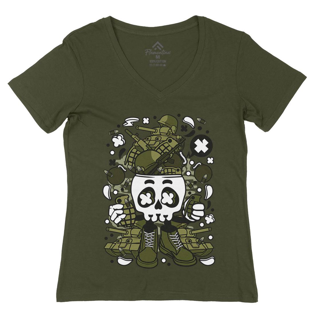 Skull Head Womens Organic V-Neck T-Shirt Army C482