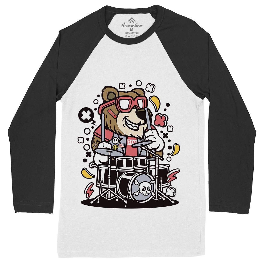 Bear Drummer Mens Long Sleeve Baseball T-Shirt Music C489