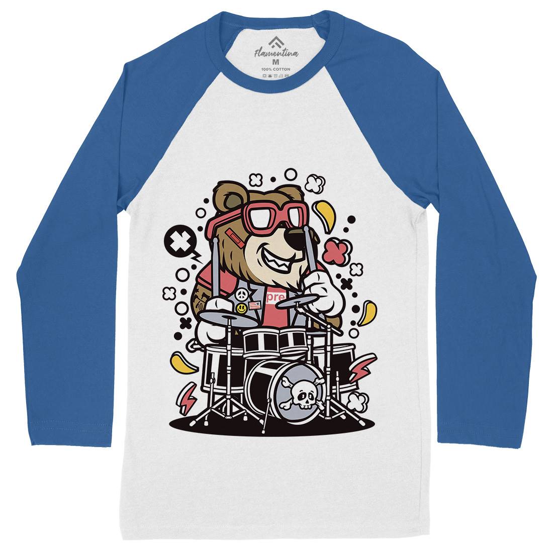 Bear Drummer Mens Long Sleeve Baseball T-Shirt Music C489