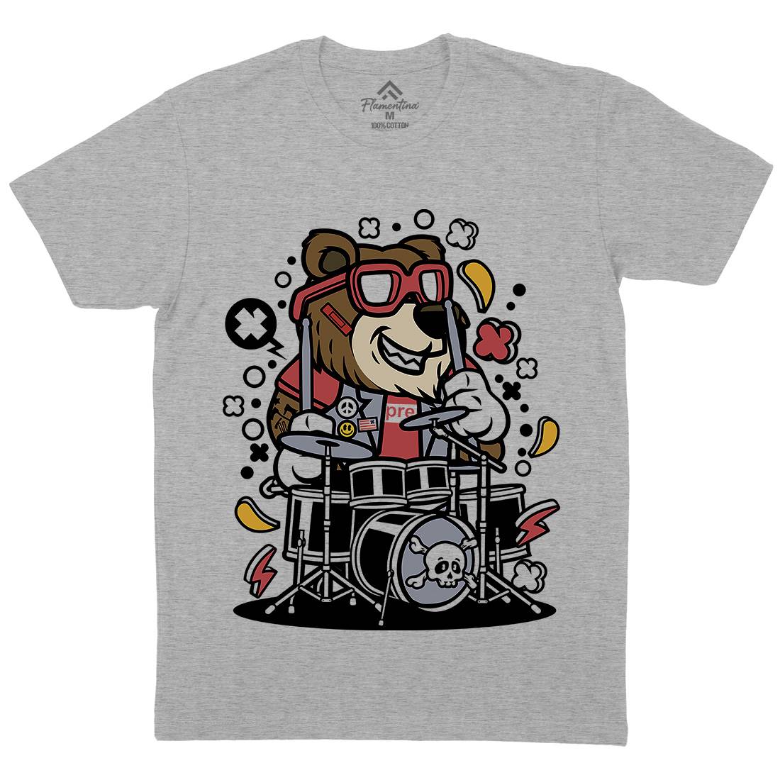Bear Drummer Mens Crew Neck T-Shirt Music C489