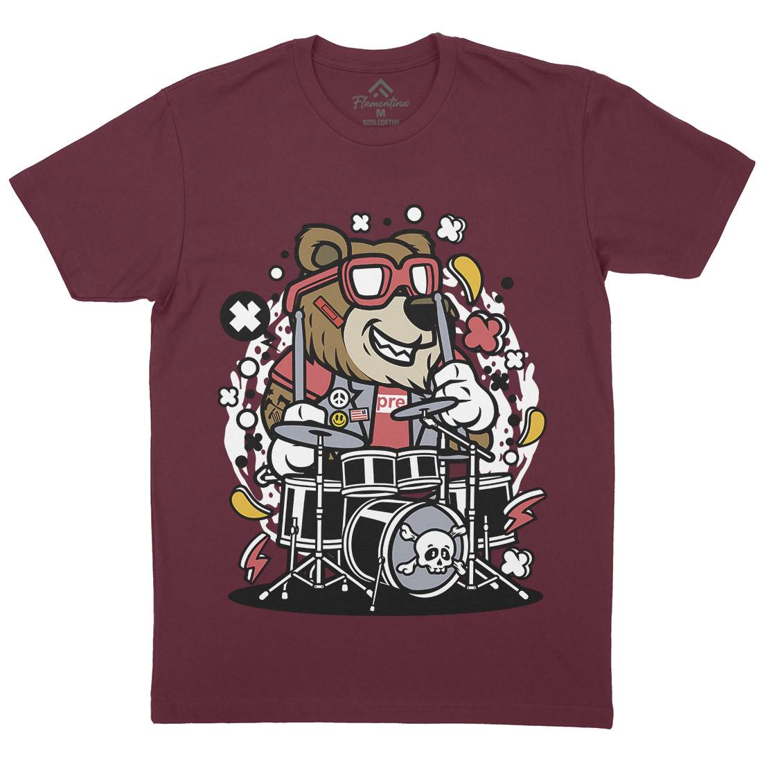 Bear Drummer Mens Organic Crew Neck T-Shirt Music C489