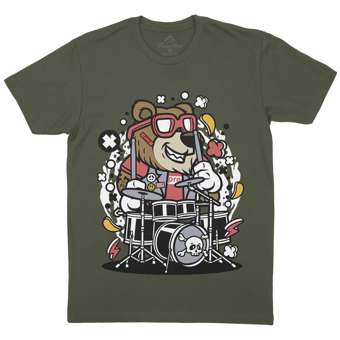 Bear Drummer Mens Crew Neck T-Shirt Music C489