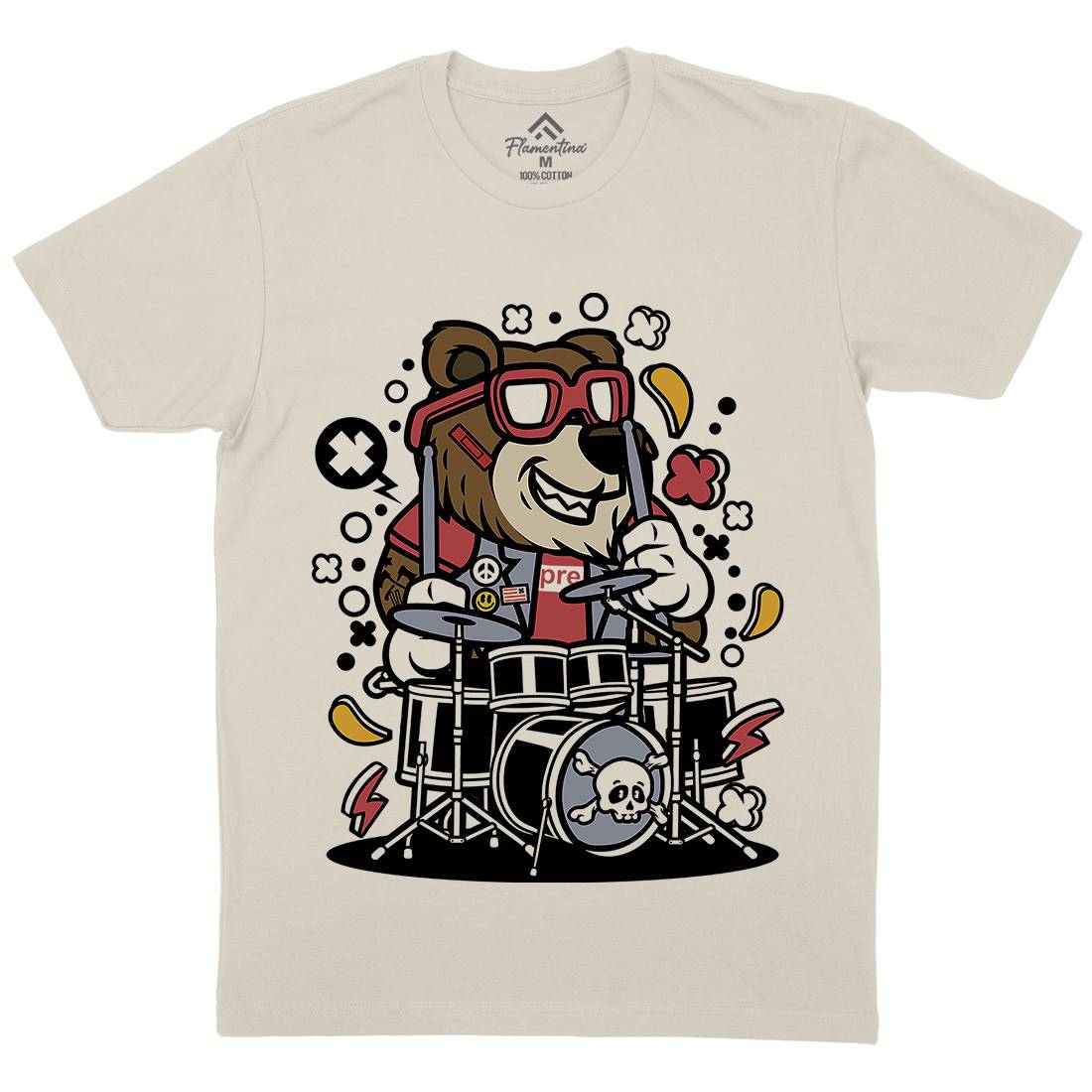 Bear Drummer Mens Organic Crew Neck T-Shirt Music C489