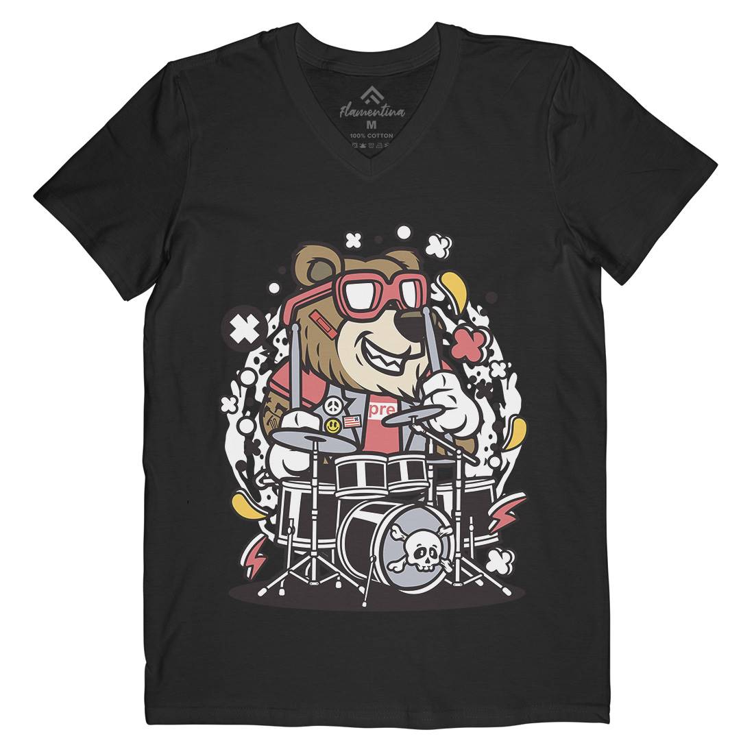 Bear Drummer Mens V-Neck T-Shirt Music C489