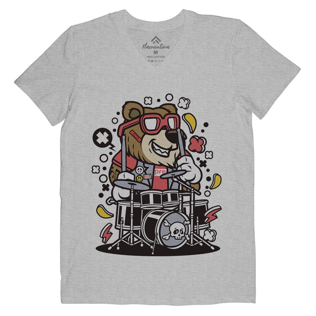 Bear Drummer Mens V-Neck T-Shirt Music C489