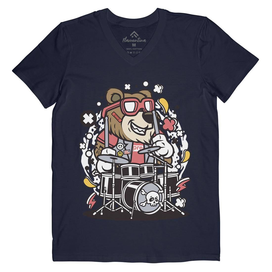 Bear Drummer Mens Organic V-Neck T-Shirt Music C489