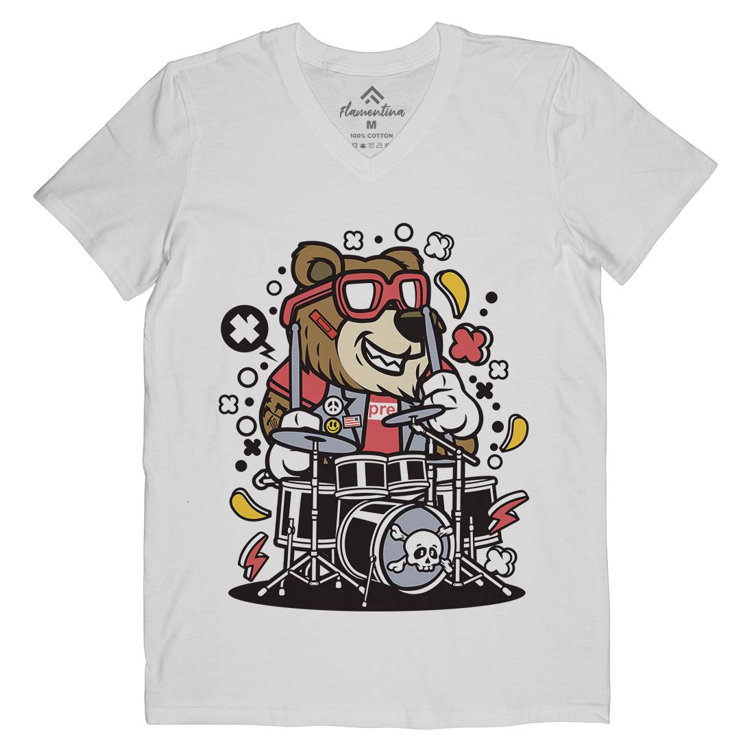 Bear Drummer Mens Organic V-Neck T-Shirt Music C489