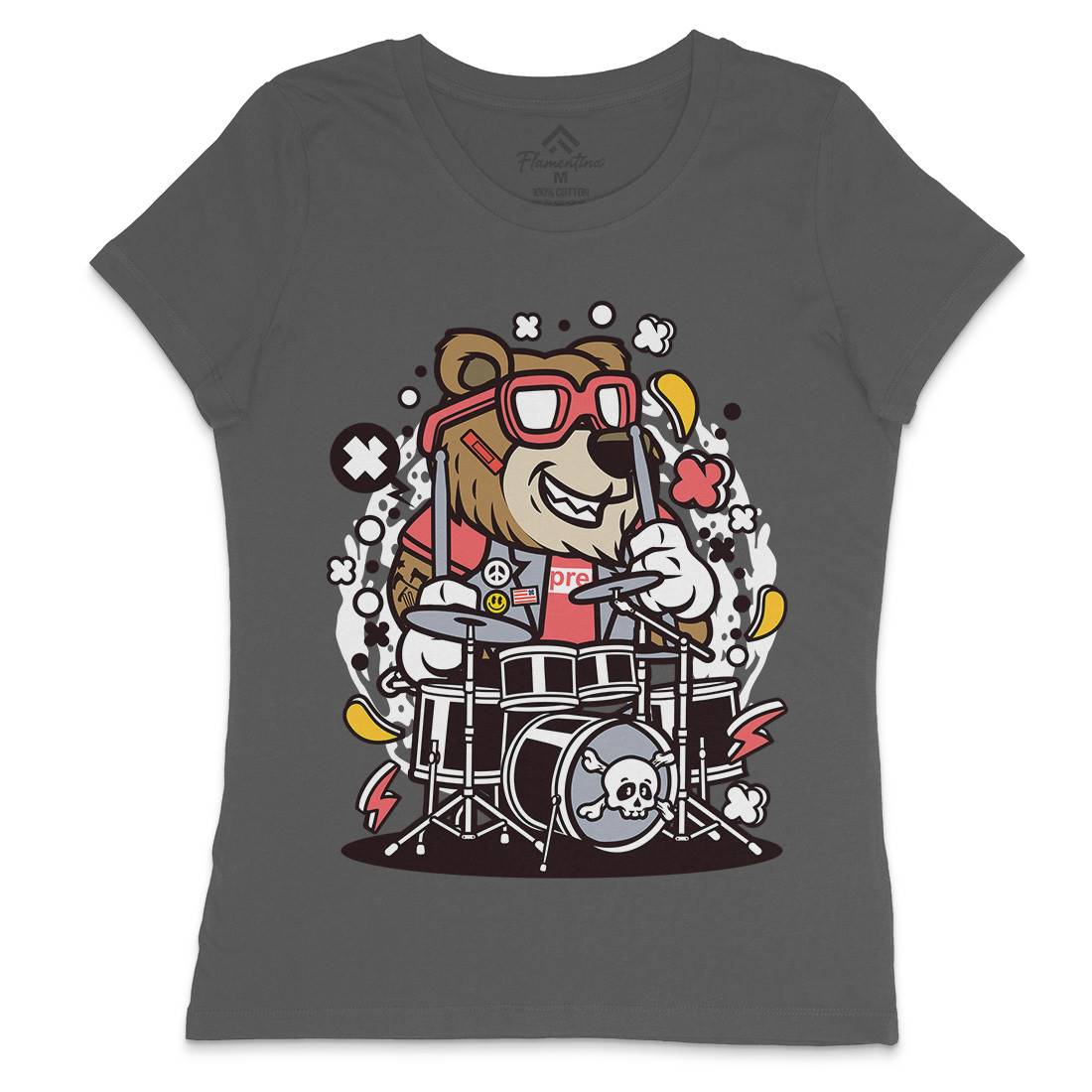 Bear Drummer Womens Crew Neck T-Shirt Music C489