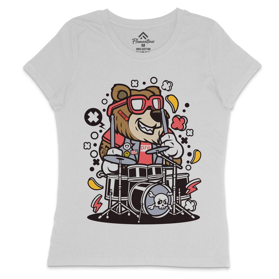 Bear Drummer Womens Crew Neck T-Shirt Music C489