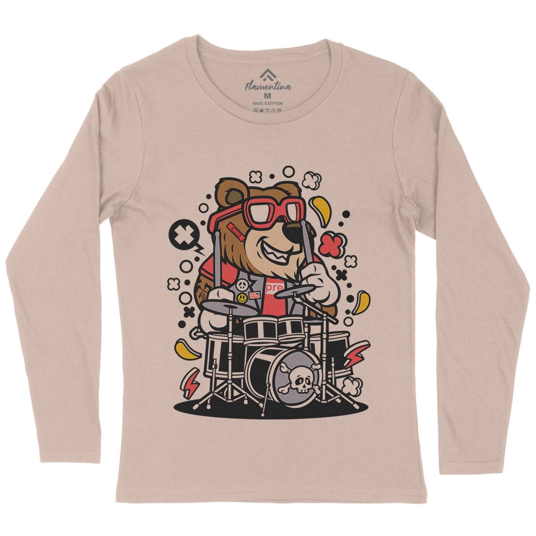 Bear Drummer Womens Long Sleeve T-Shirt Music C489