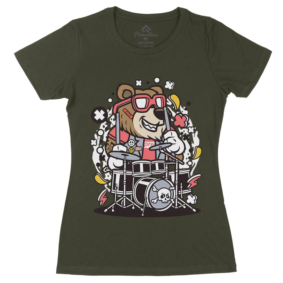 Bear Drummer Womens Organic Crew Neck T-Shirt Music C489