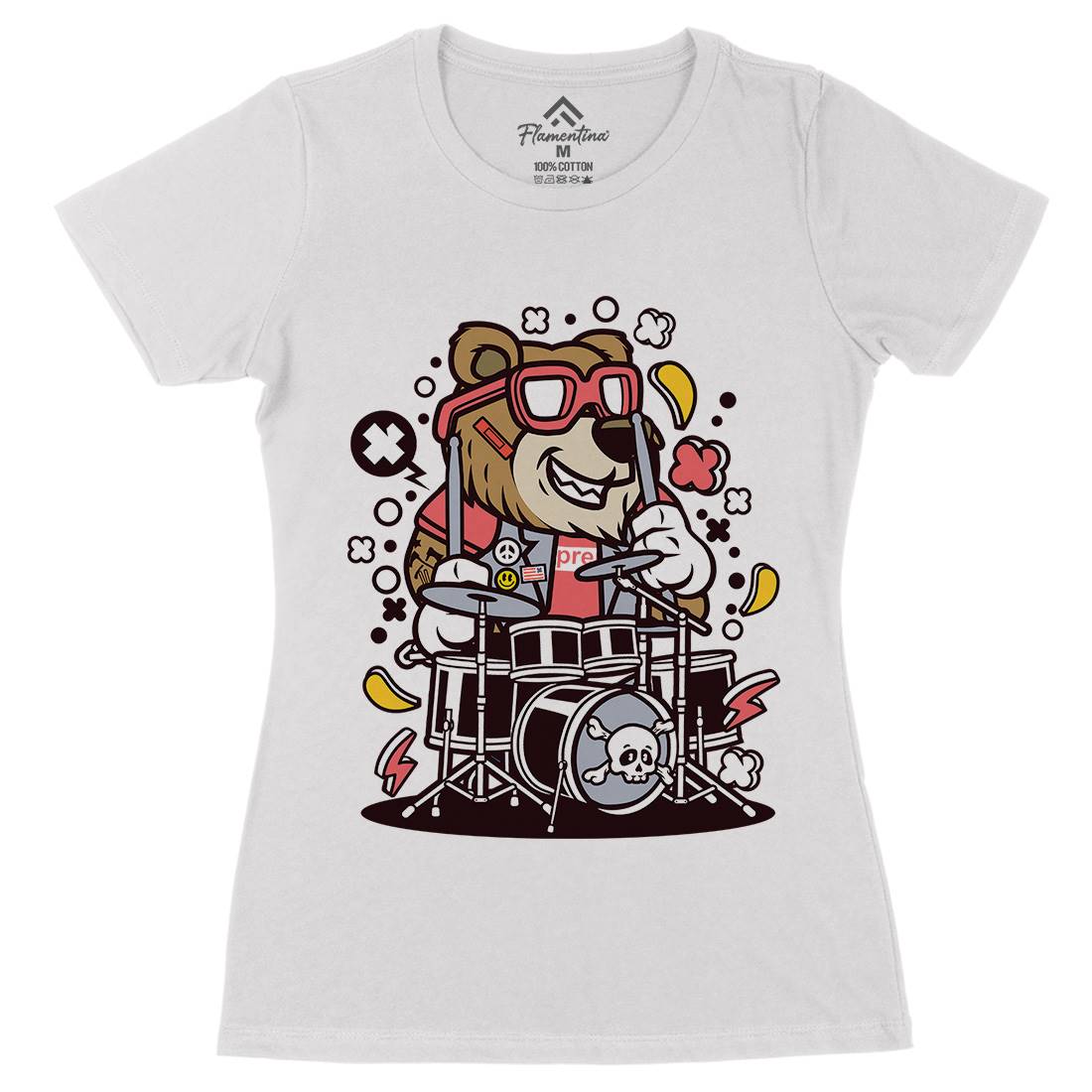 Bear Drummer Womens Organic Crew Neck T-Shirt Music C489