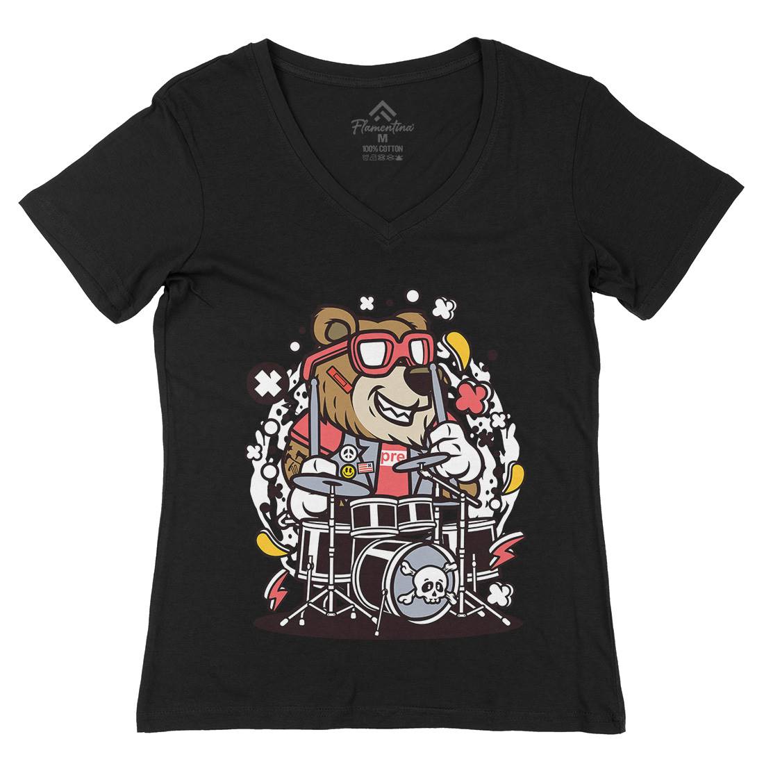 Bear Drummer Womens Organic V-Neck T-Shirt Music C489