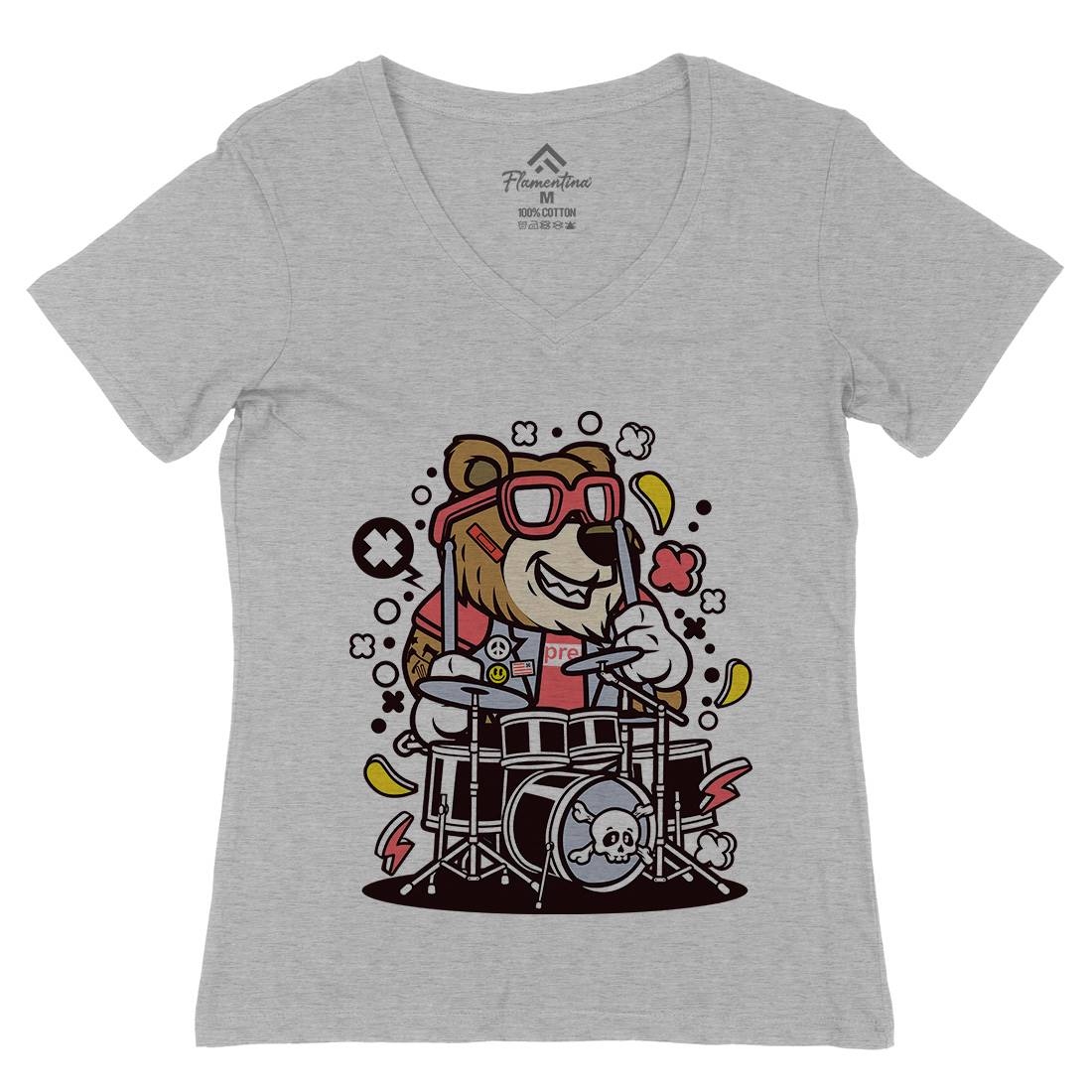 Bear Drummer Womens Organic V-Neck T-Shirt Music C489