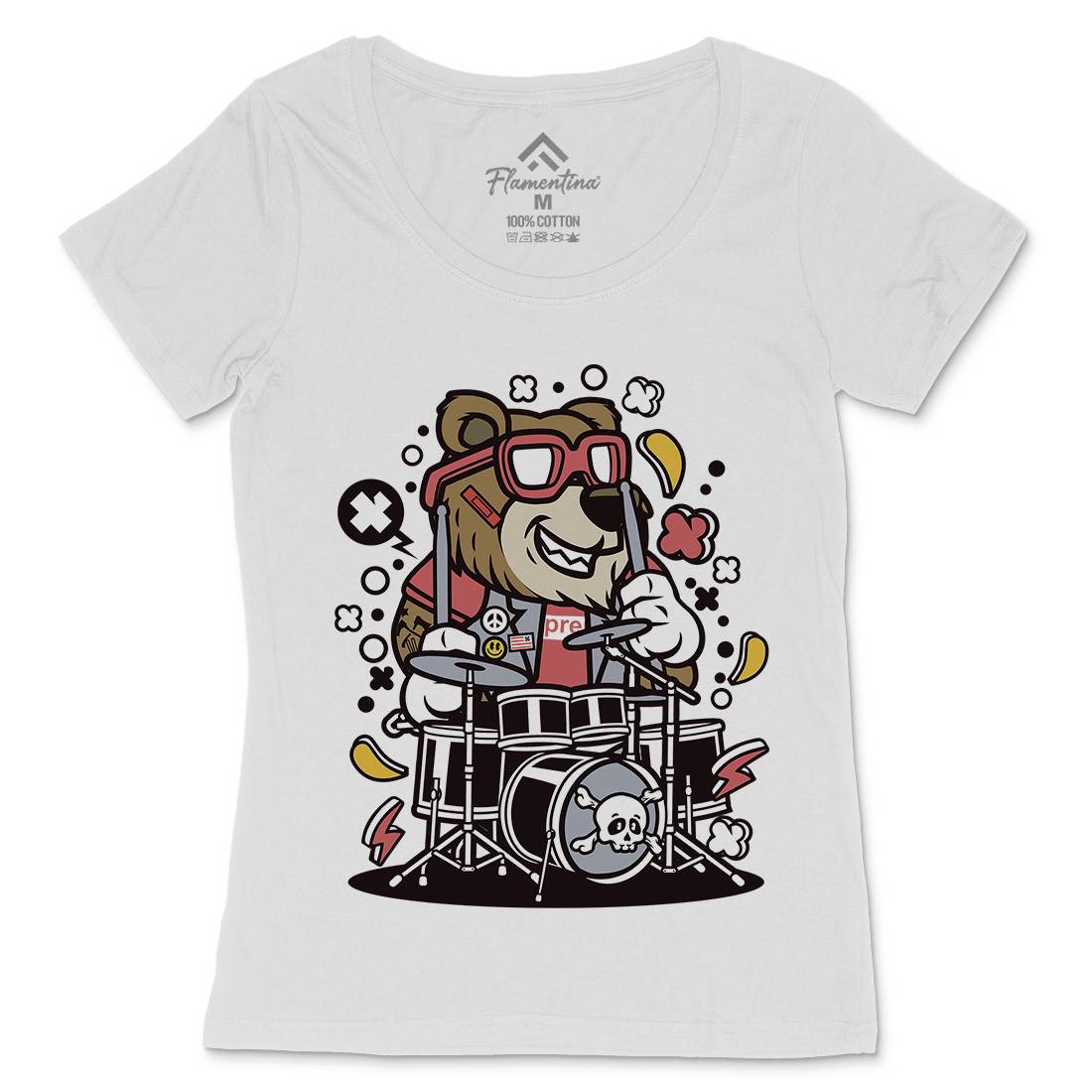 Bear Drummer Womens Scoop Neck T-Shirt Music C489