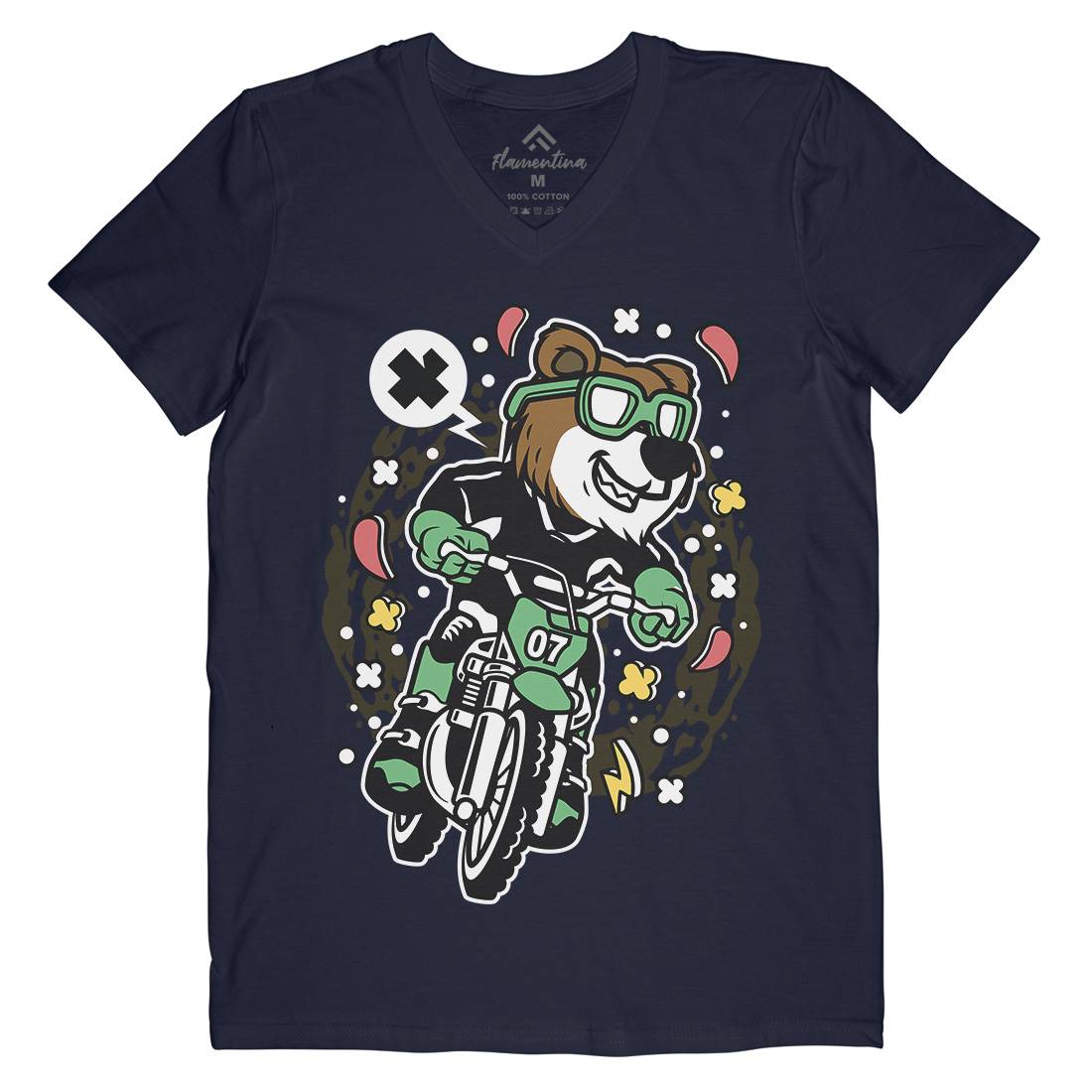 Bear Motocross Rider Mens Organic V-Neck T-Shirt Motorcycles C490