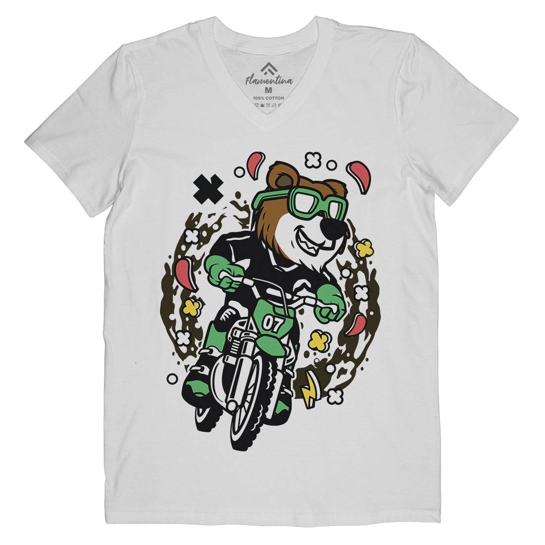 Bear Motocross Rider Mens Organic V-Neck T-Shirt Motorcycles C490