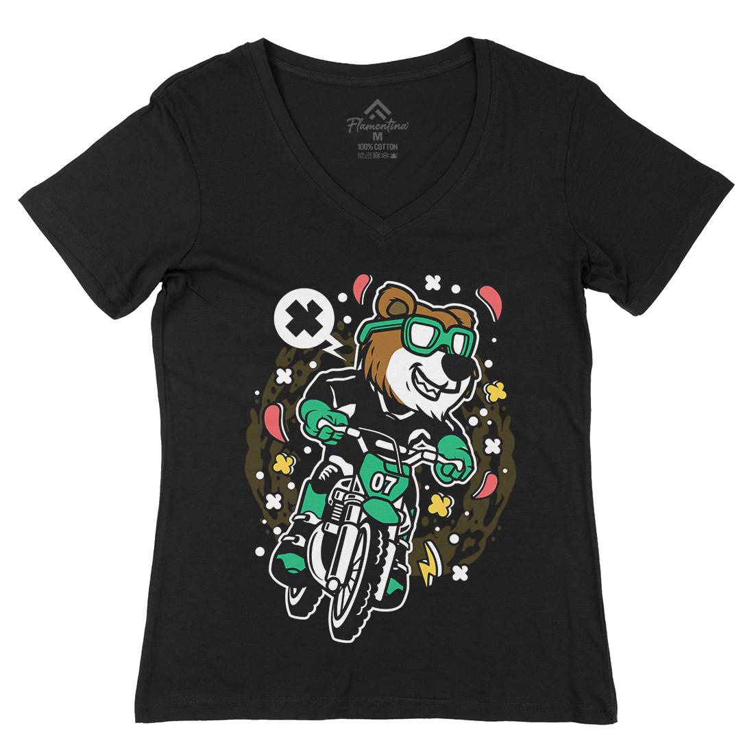 Bear Motocross Rider Womens Organic V-Neck T-Shirt Motorcycles C490