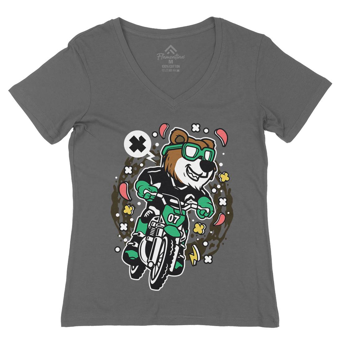 Bear Motocross Rider Womens Organic V-Neck T-Shirt Motorcycles C490