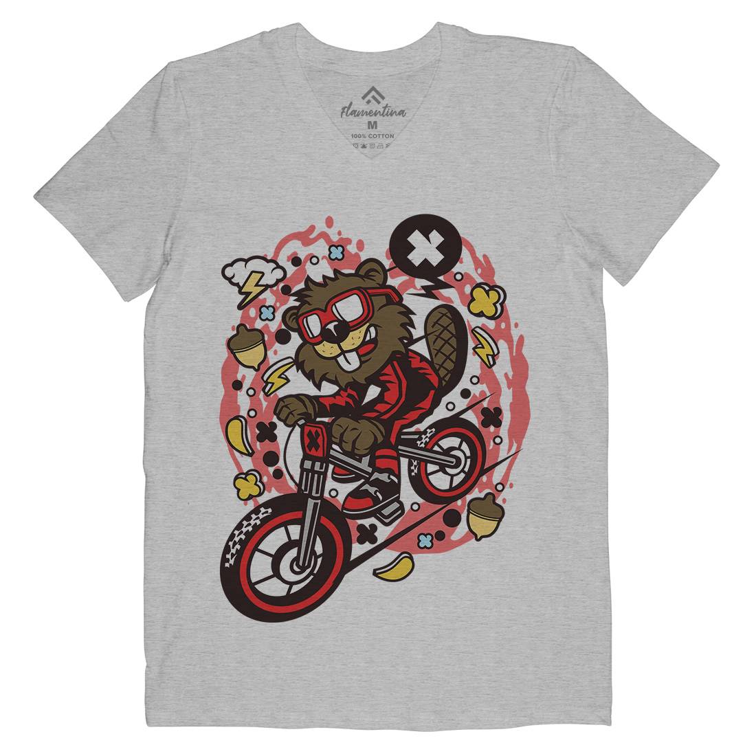 Beaver Downhill Mens Organic V-Neck T-Shirt Bikes C493