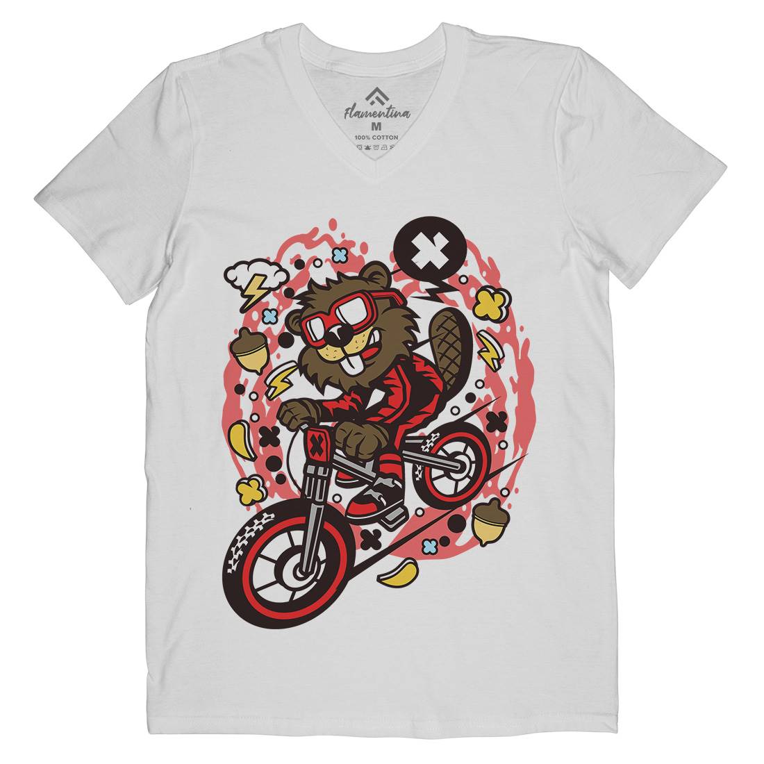 Beaver Downhill Mens Organic V-Neck T-Shirt Bikes C493