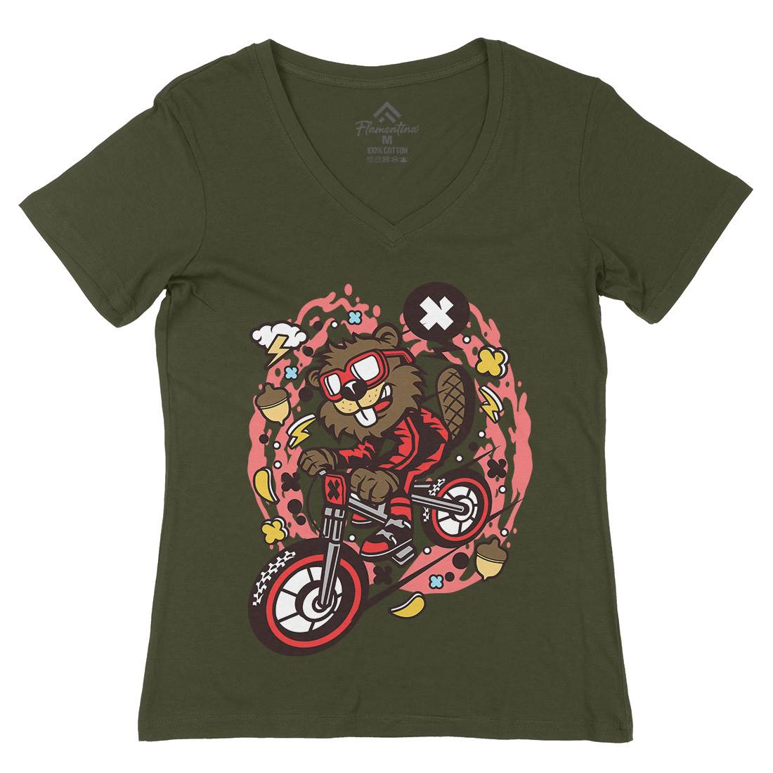 Beaver Downhill Womens Organic V-Neck T-Shirt Bikes C493