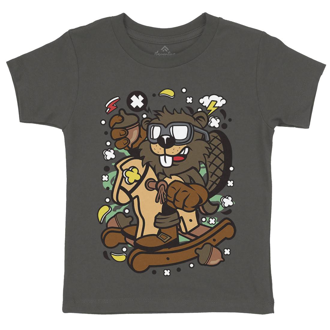 Beaver Rocking Horse Kids Organic Crew Neck T-Shirt Retro C497