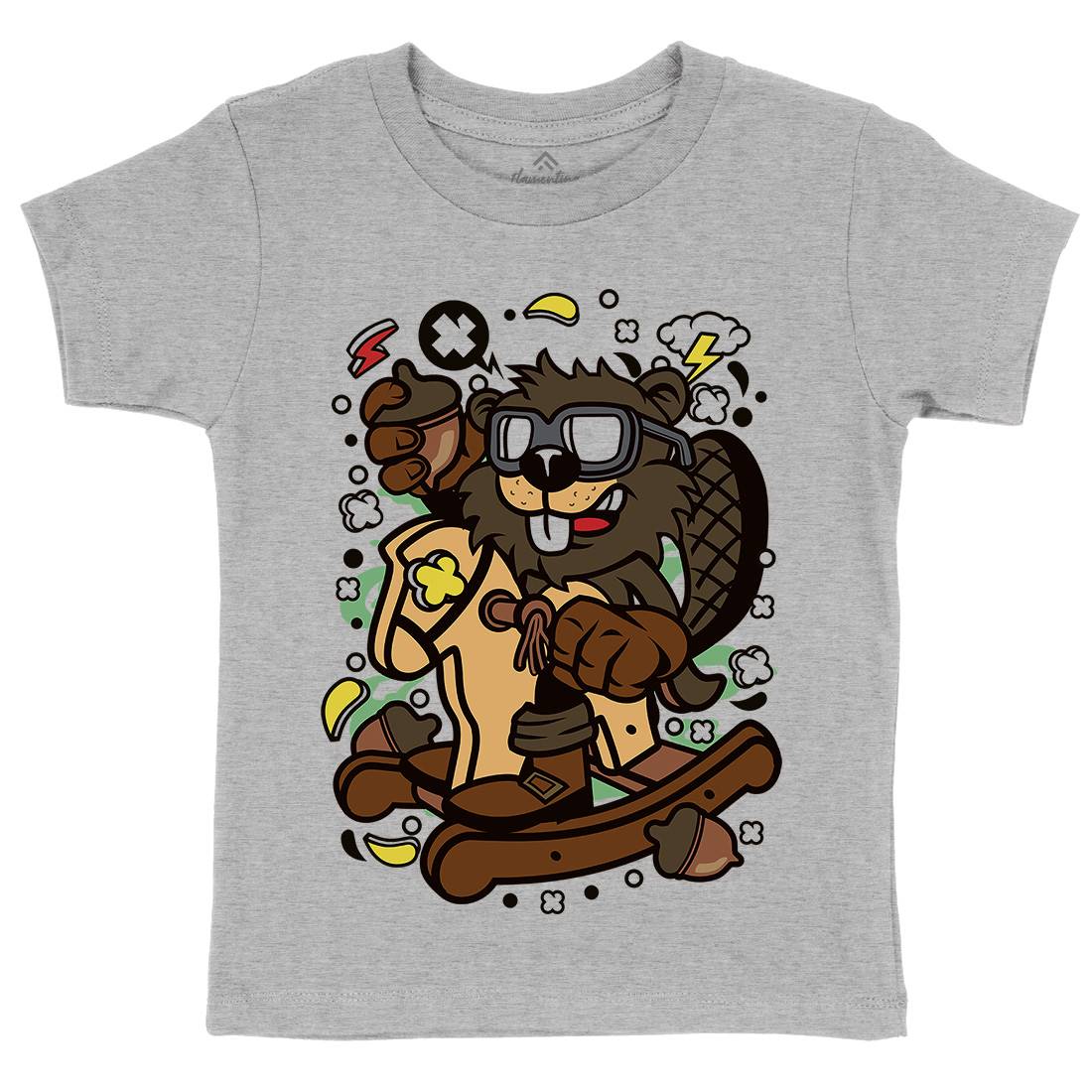 Beaver Rocking Horse Kids Crew Neck T-Shirt Retro C497