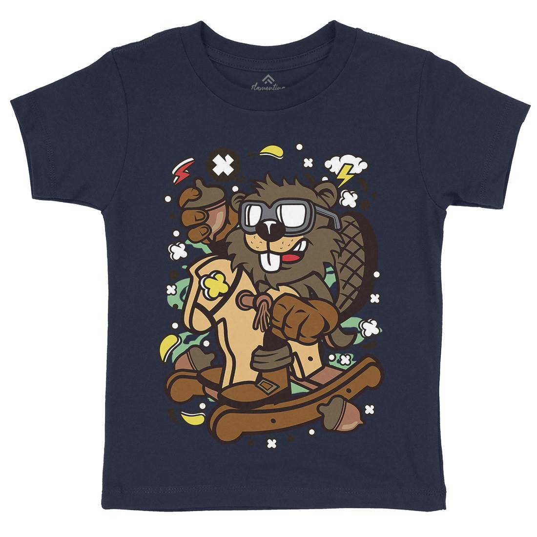Beaver Rocking Horse Kids Crew Neck T-Shirt Retro C497