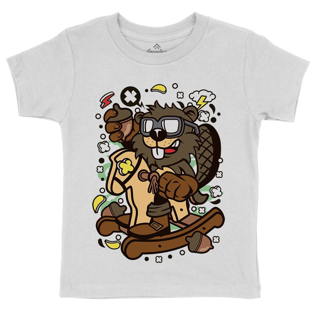 Beaver Rocking Horse Kids Organic Crew Neck T-Shirt Retro C497