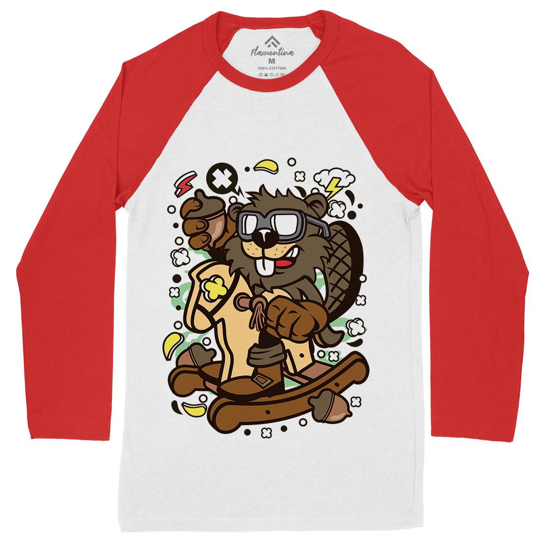 Beaver Rocking Horse Mens Long Sleeve Baseball T-Shirt Retro C497