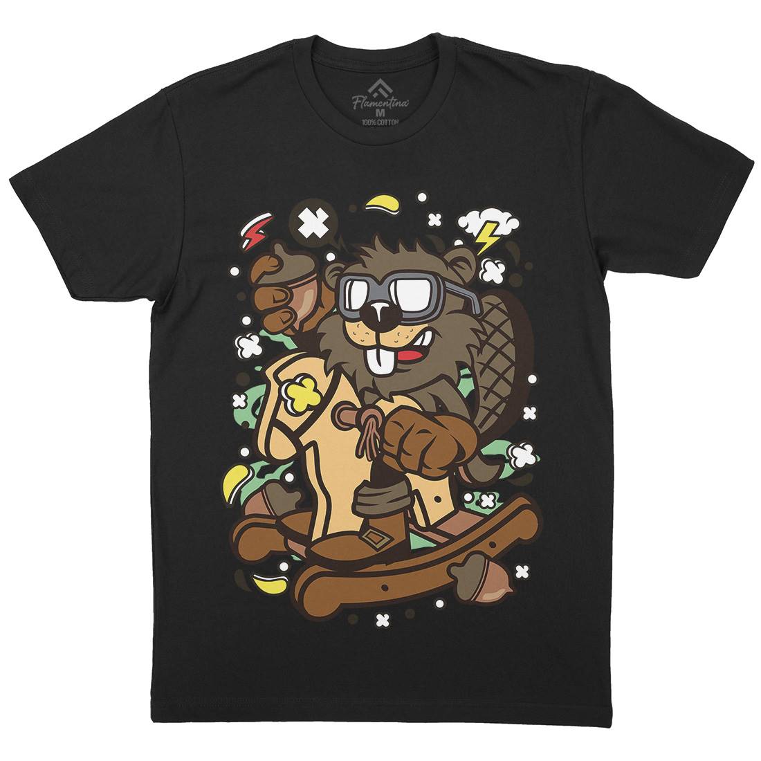 Beaver Rocking Horse Mens Crew Neck T-Shirt Retro C497