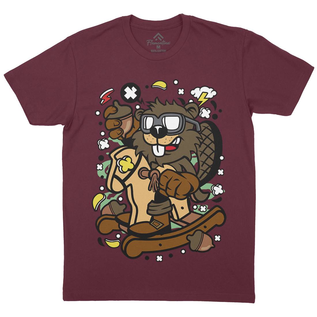 Beaver Rocking Horse Mens Organic Crew Neck T-Shirt Retro C497