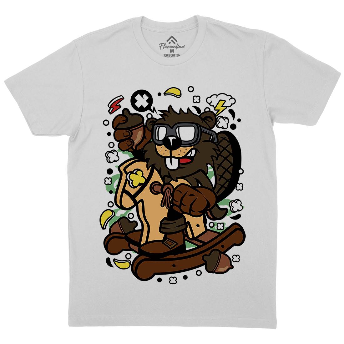 Beaver Rocking Horse Mens Crew Neck T-Shirt Retro C497