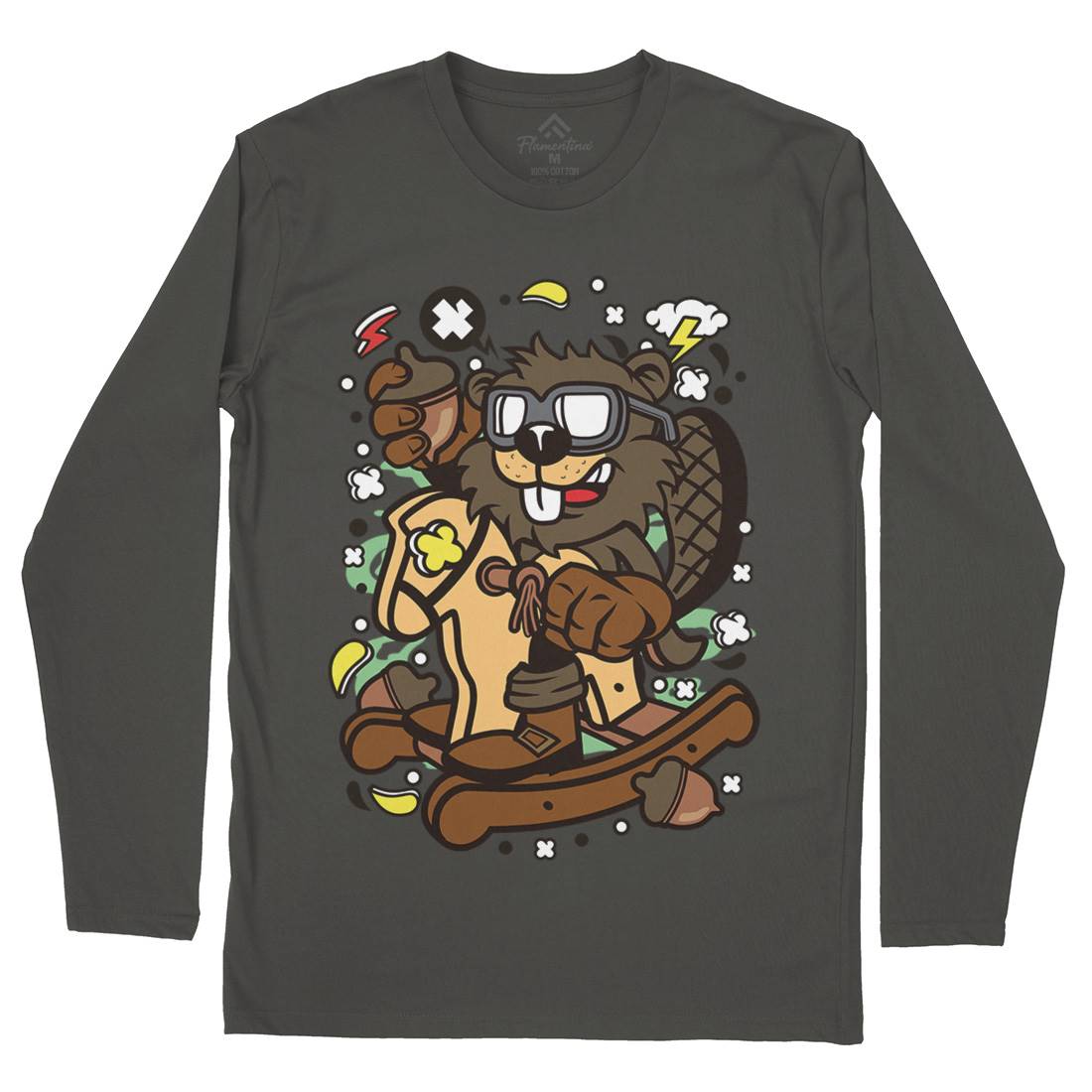 Beaver Rocking Horse Mens Long Sleeve T-Shirt Retro C497