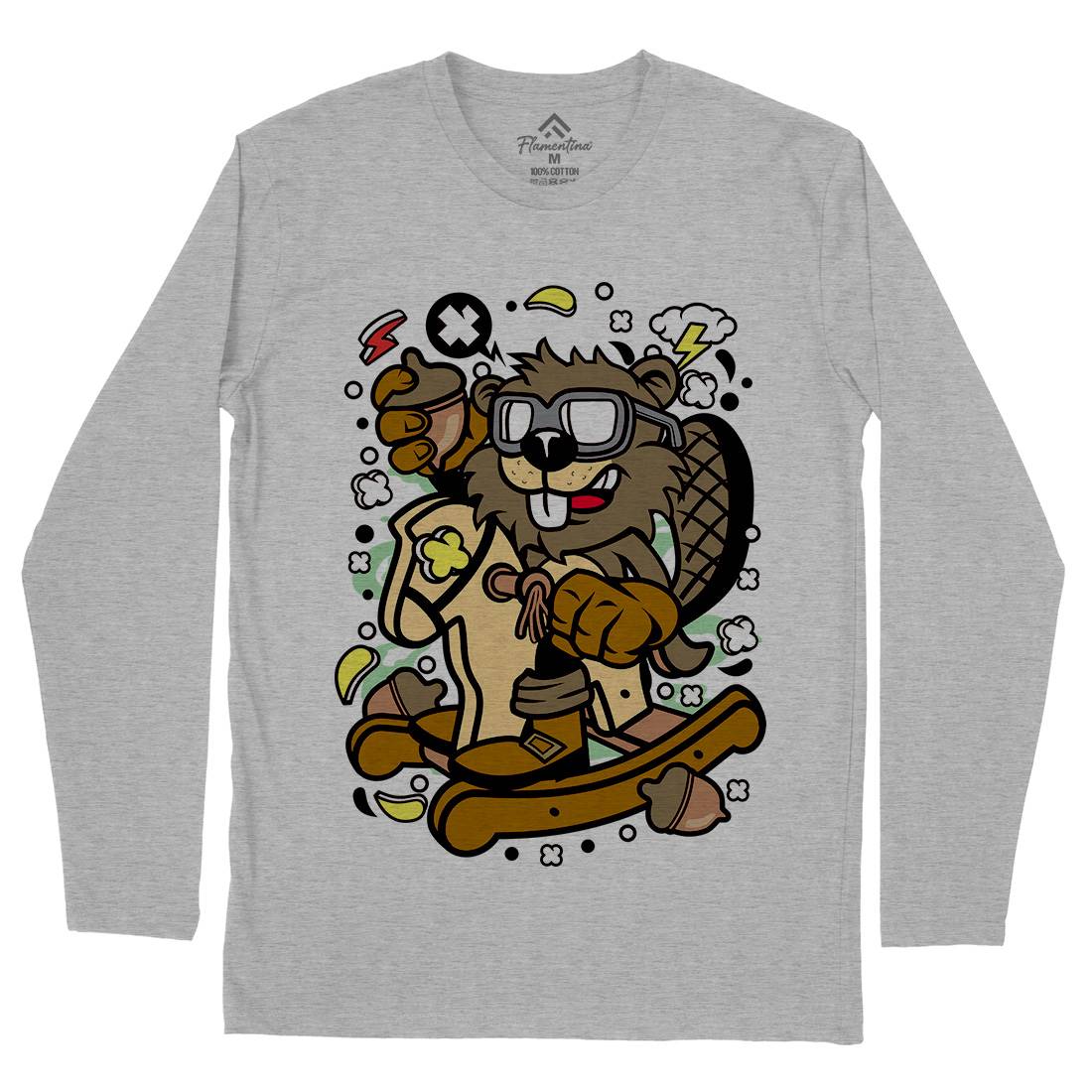Beaver Rocking Horse Mens Long Sleeve T-Shirt Retro C497
