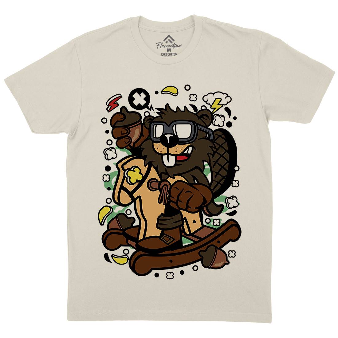 Beaver Rocking Horse Mens Organic Crew Neck T-Shirt Retro C497
