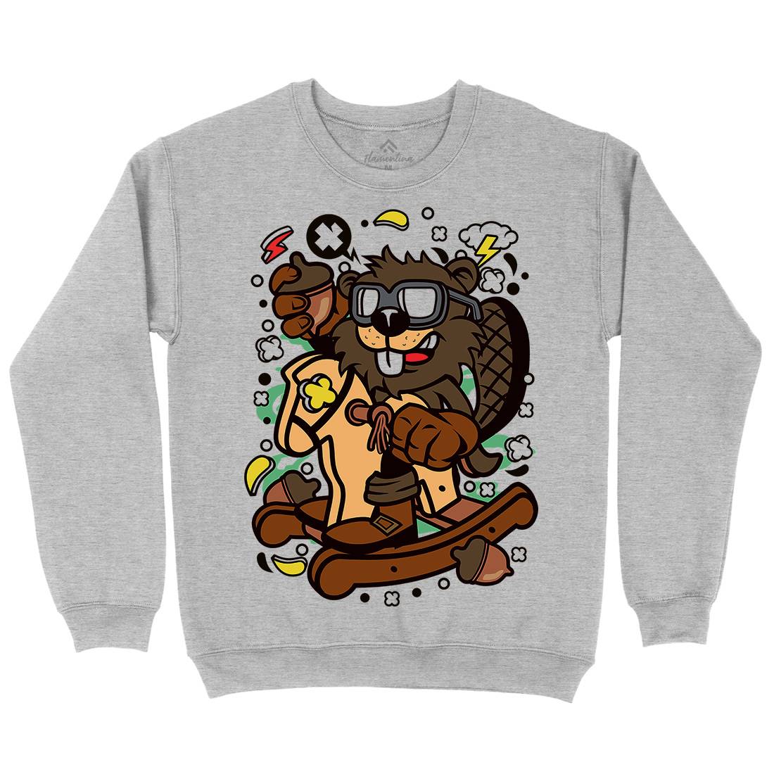 Beaver Rocking Horse Kids Crew Neck Sweatshirt Retro C497