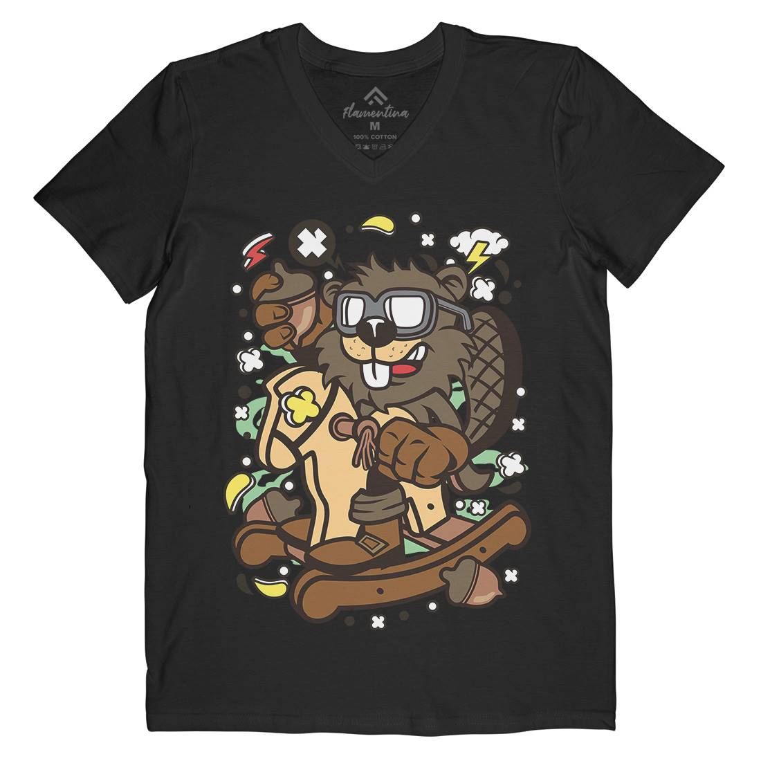 Beaver Rocking Horse Mens V-Neck T-Shirt Retro C497