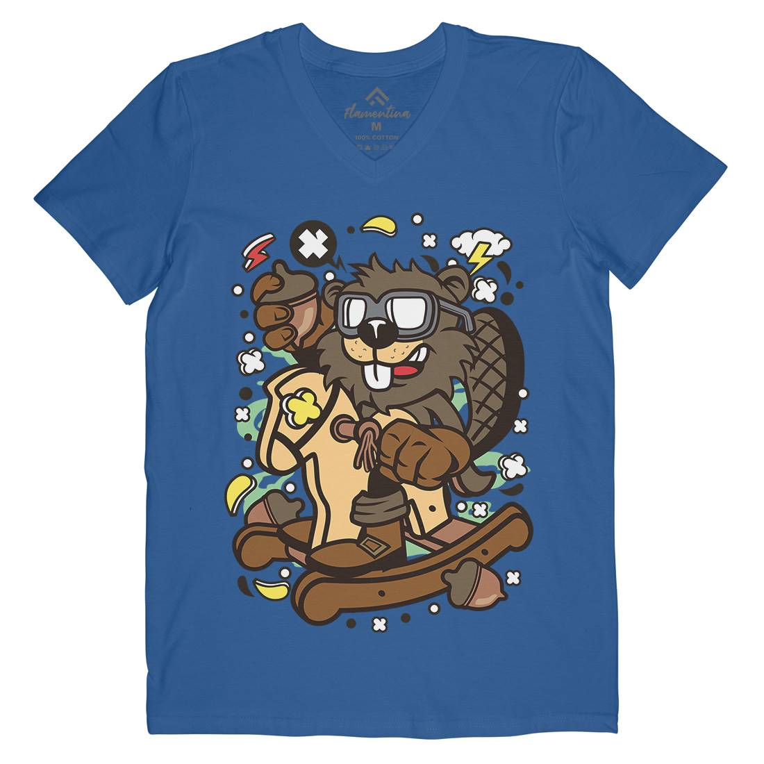 Beaver Rocking Horse Mens V-Neck T-Shirt Retro C497